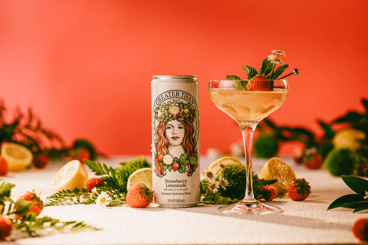 Greater Than Hydration for Her plant-based vitamins visual conveys nutrient-rich sip