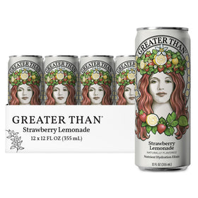 Greater Than Hydration for Her strawberry lemonade can shows real fruit, refreshing hydration potential
