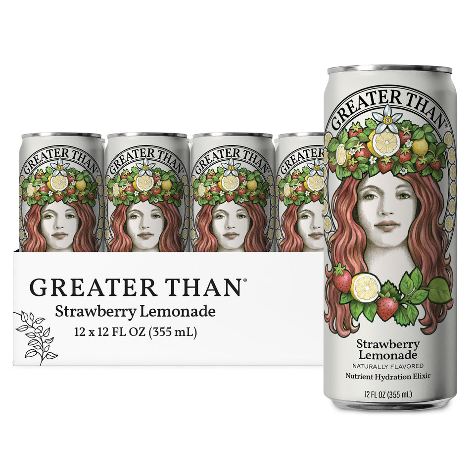 Greater Than Hydration for Her strawberry lemonade can shows real fruit, refreshing hydration potential
