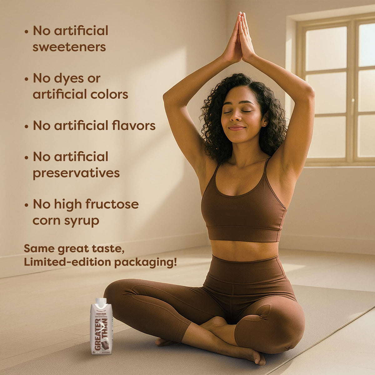 Greater Than low-sugar hydration, clean ingredients for mindful sipping.