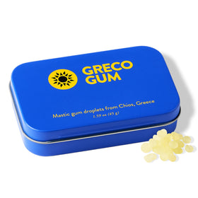Greco Gum Mastic Droplets bottle closeup highlighting bold piney flavor.