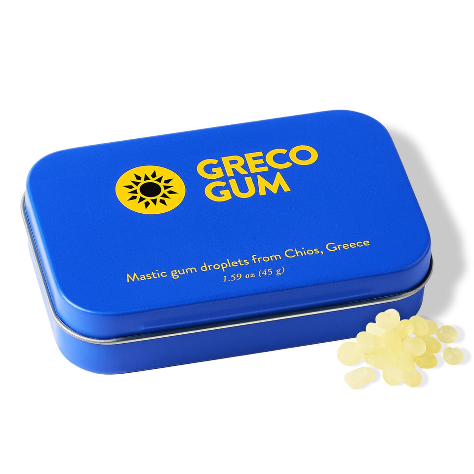Greco Gum Mastic Droplets bottle closeup highlighting bold piney flavor.