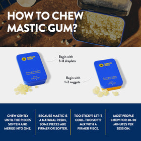 Greco Gum Mastic Droplets held in hand emphasizing pocket-sized travel tin