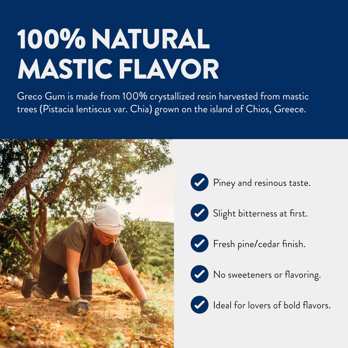 Greco Gum Mastic Droplets label highlights Chios origin and plastic-free design