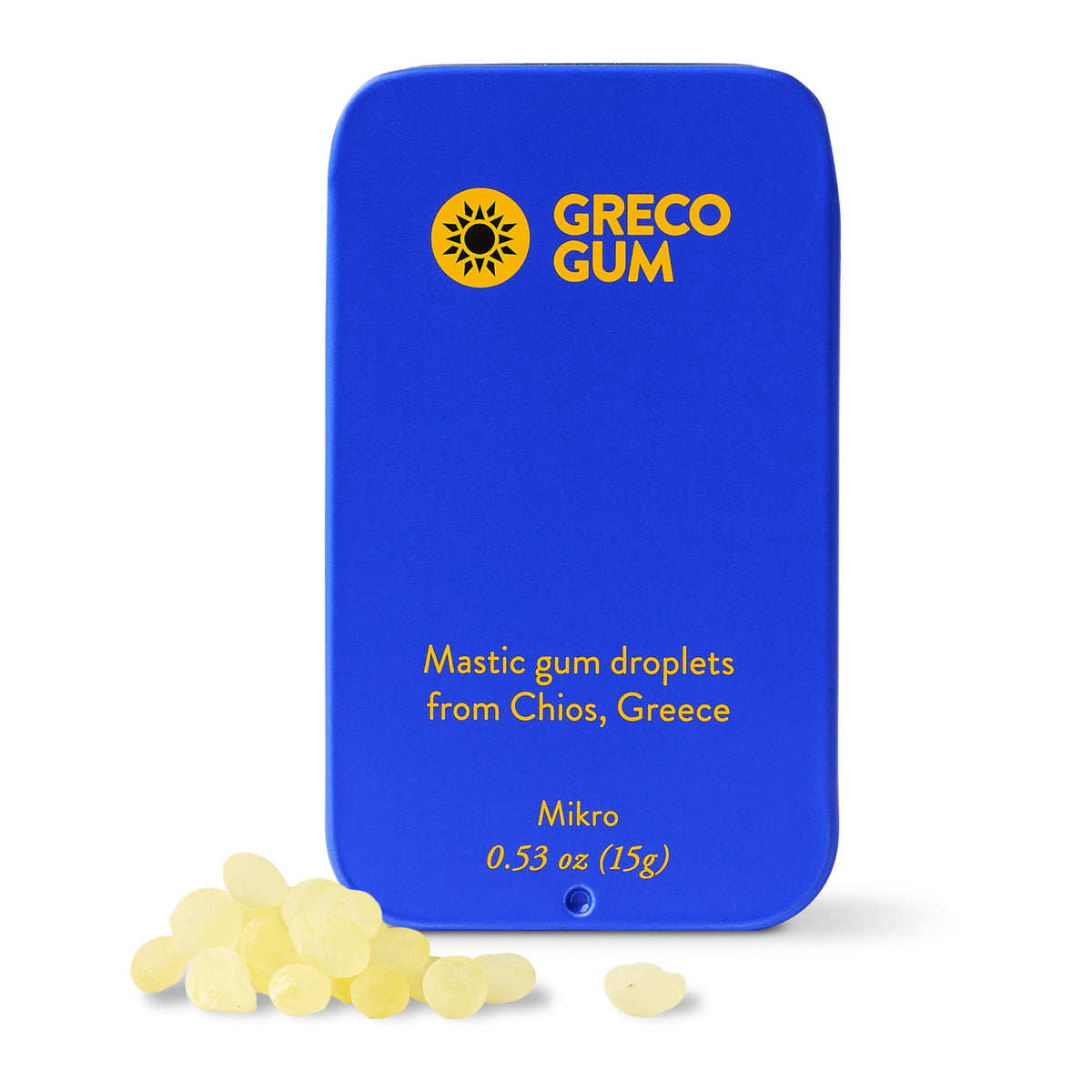 Greco Gum Mastic Droplets tin front view with piney flavor for on-the-go freshness