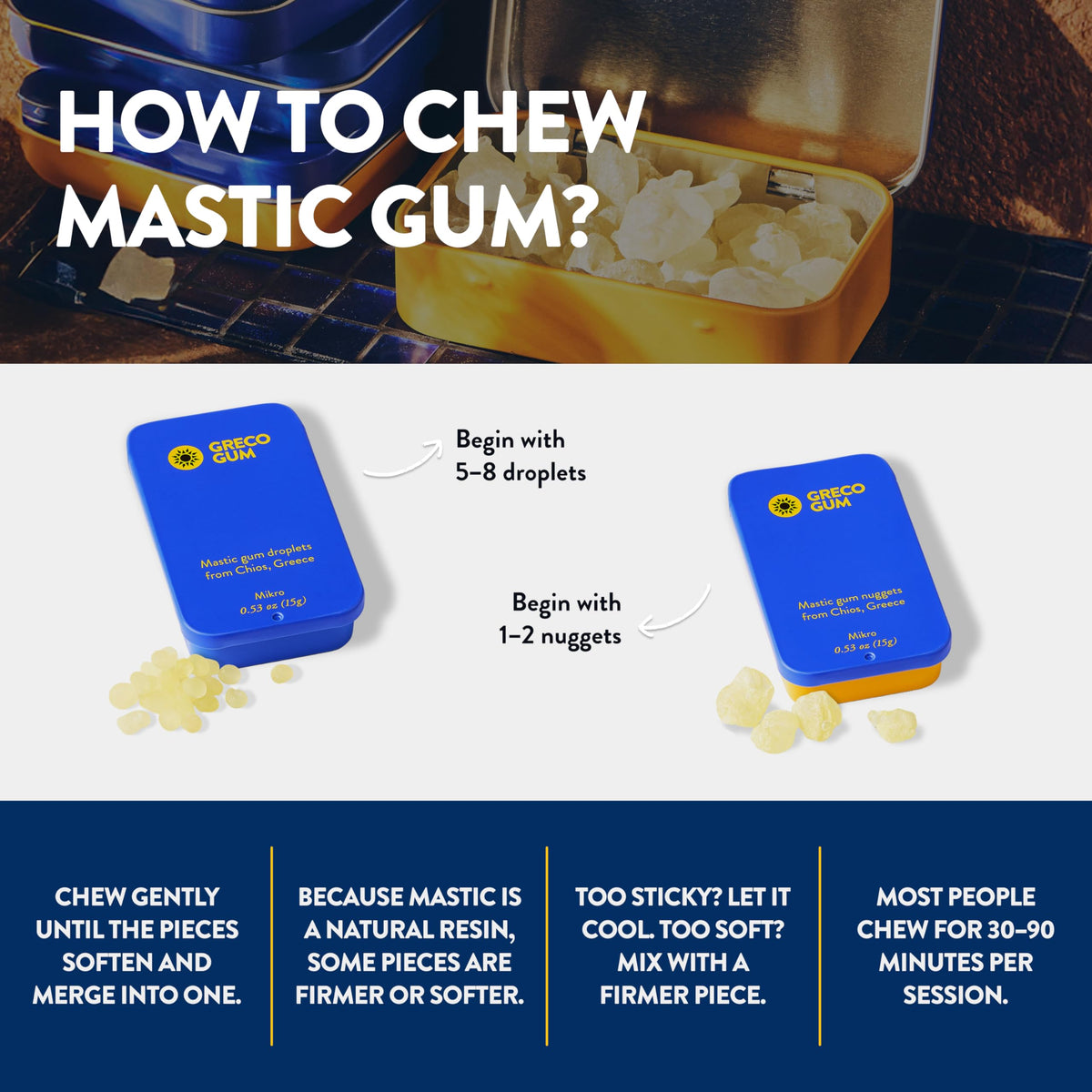 Greco Gum Mastic Nuggets travel tin 0.53 oz for on-the-go freshness
