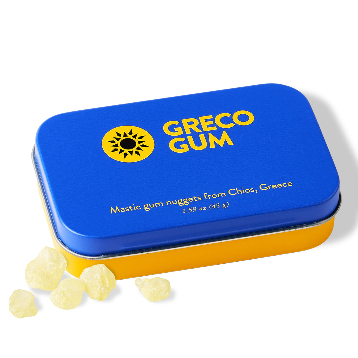 Greco Gum mastic nuggets front view, bold resin chew with digestion support potential