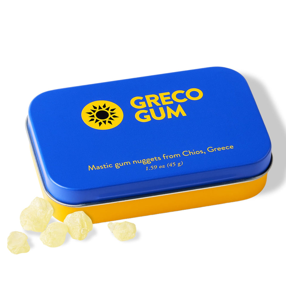 Greco Gum mastic nuggets front view, bold resin chew with digestion support potential