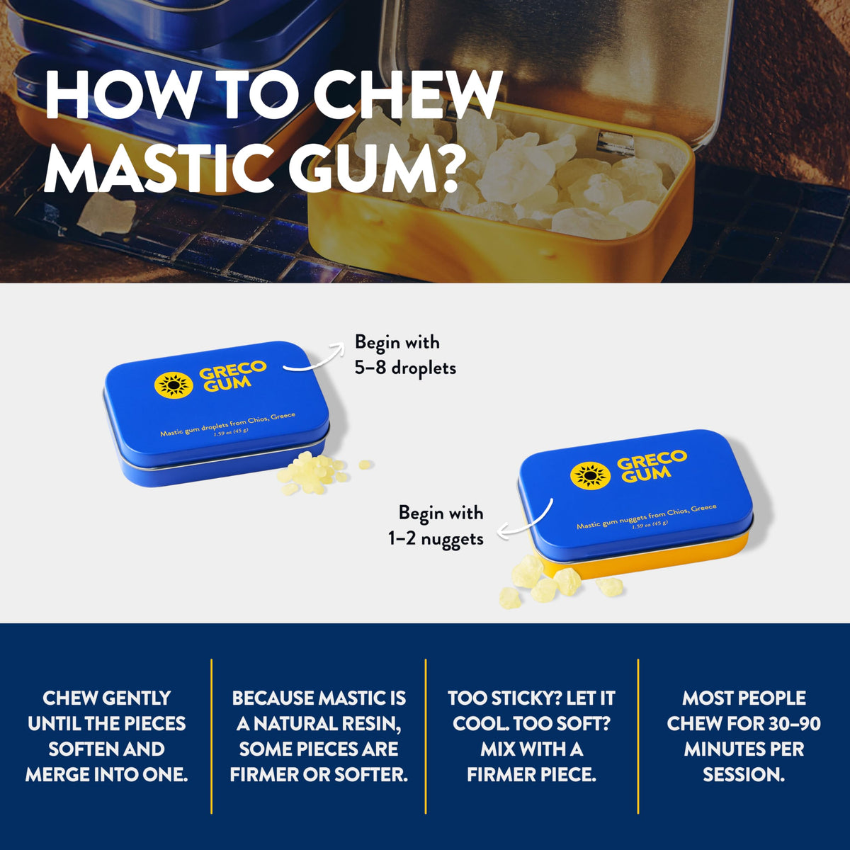 Greco Gum tin 1.59oz closeup, compact travel-friendly packaging