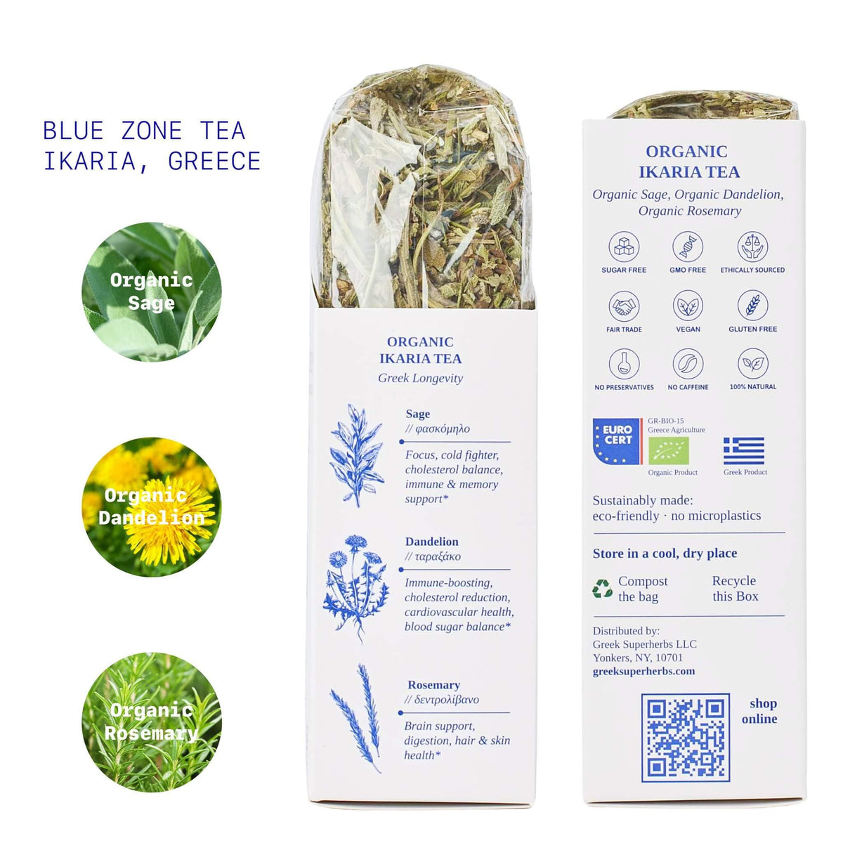 Greek Superherbs IKARIA Tea dried herbs close-up emphasizing sage, dandelion, rosemary.