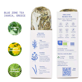 Greek Superherbs IKARIA Tea dried herbs close-up emphasizing sage, dandelion, rosemary.