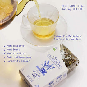 Greek Superherbs IKARIA Tea glass cup brew mood and earthy aroma.