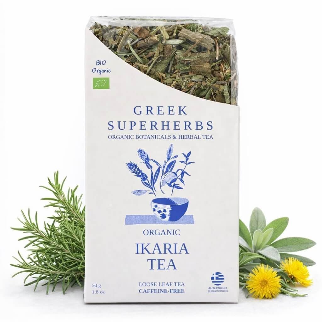Greek Superherbs IKARIA Tea pack shot shows organic blend for a caffeine-free ritual.
