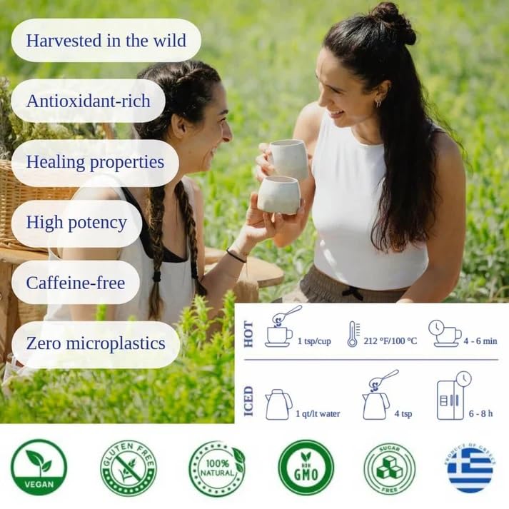 Greek Superherbs IKARIA Tea vegan non-GMO label on sustainable packaging.