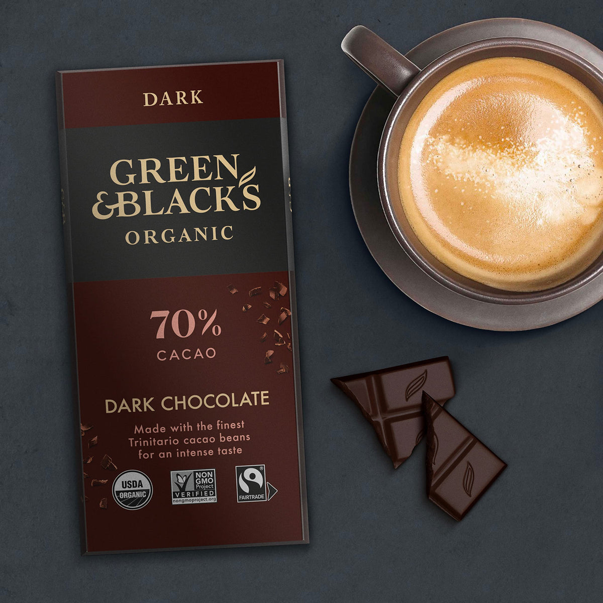 Green & Black's Organic 70% bars arranged for sharing or gifting.