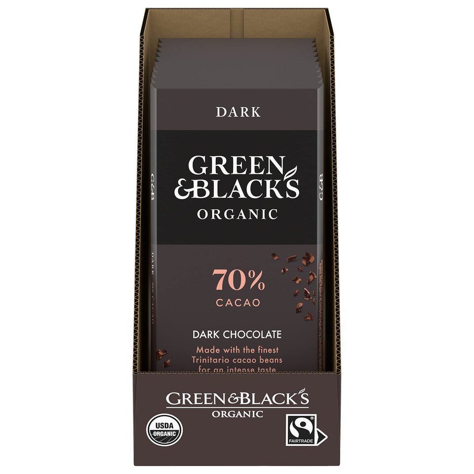 Green & Black's Organic 70% bar packaging highlights premium, gift-ready chocolate.