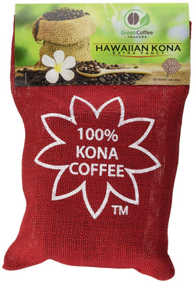 Green Coffee Traders Kona Extra Fancy packaging with valve for freshness.