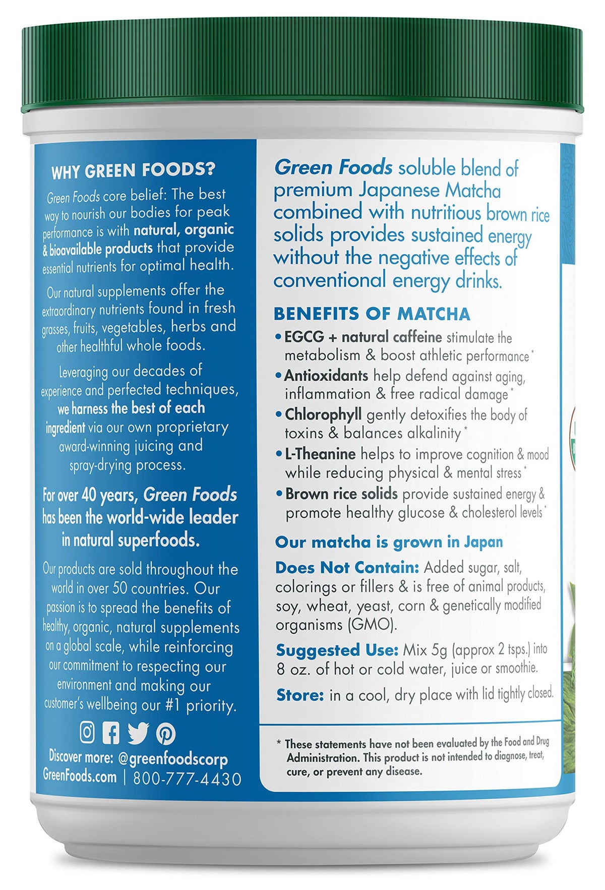 Green Foods first harvest matcha packaging label emphasizing origin and quality