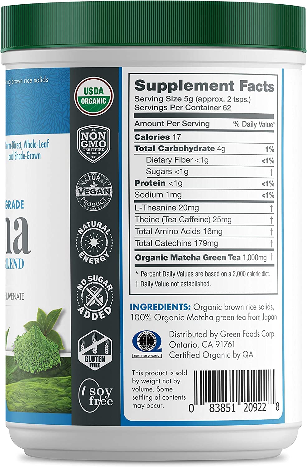 Green Foods Organic Matcha packaging close up showing no added salt or colorings