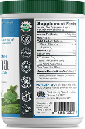 Green Foods Organic Matcha packaging close up showing no added salt or colorings