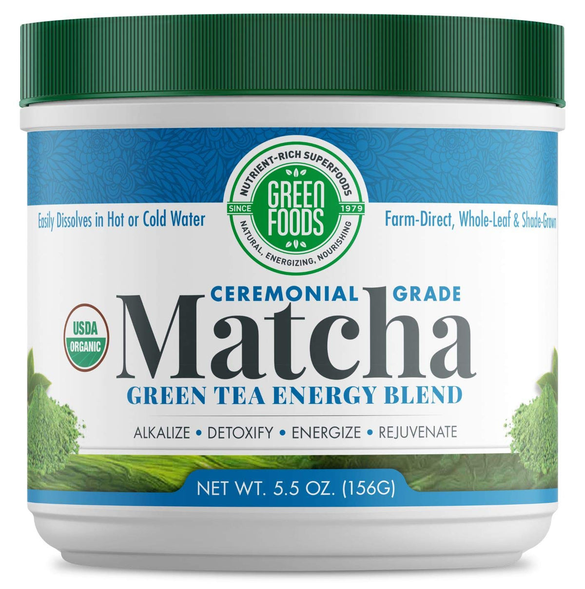 Green Foods ceremonial-grade matcha powder closeup for authentic ritual preparation.