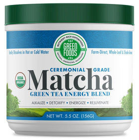 Green Foods ceremonial-grade matcha powder closeup for authentic ritual preparation.