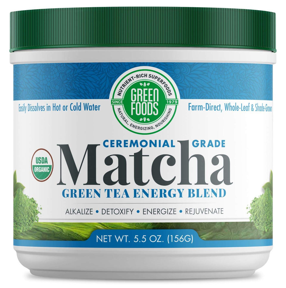 Green Foods ceremonial-grade matcha powder closeup for authentic ritual preparation.