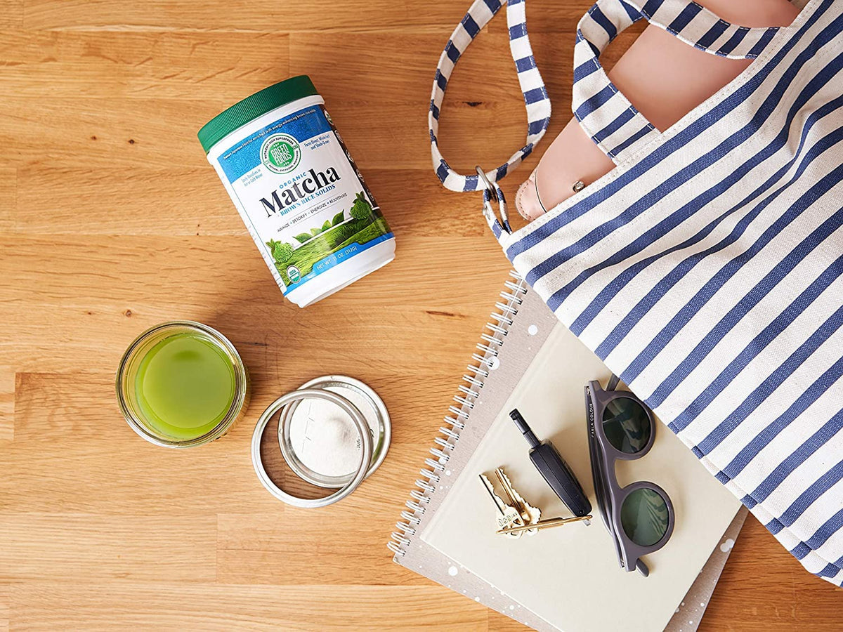 Green Foods matcha with brown rice solids label highlighting plant based ingredients