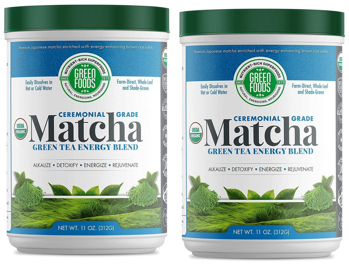 Green Foods Organic Matcha 11oz pack-2 on shelf for easy daily energy boost