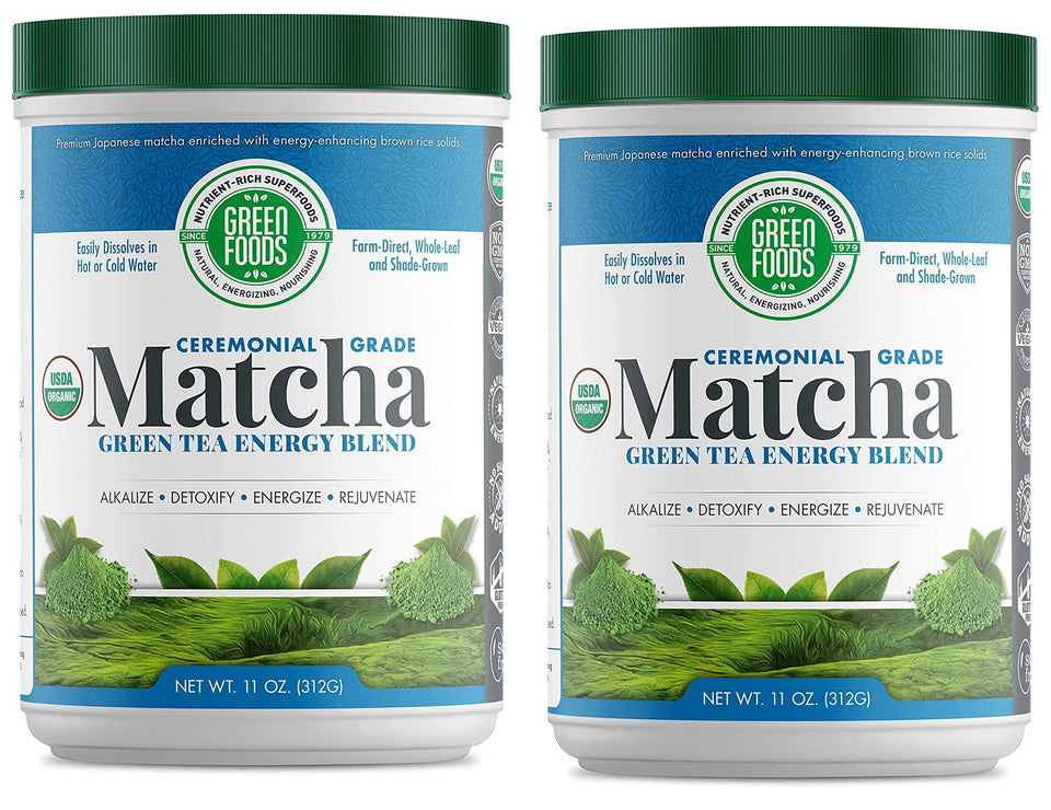 Green Foods Organic Matcha 11oz pack-2 on shelf for easy daily energy boost