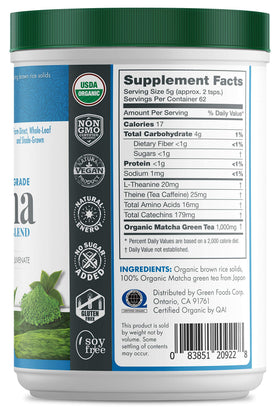 Green Foods organic matcha powder closeup showing vivid emerald color