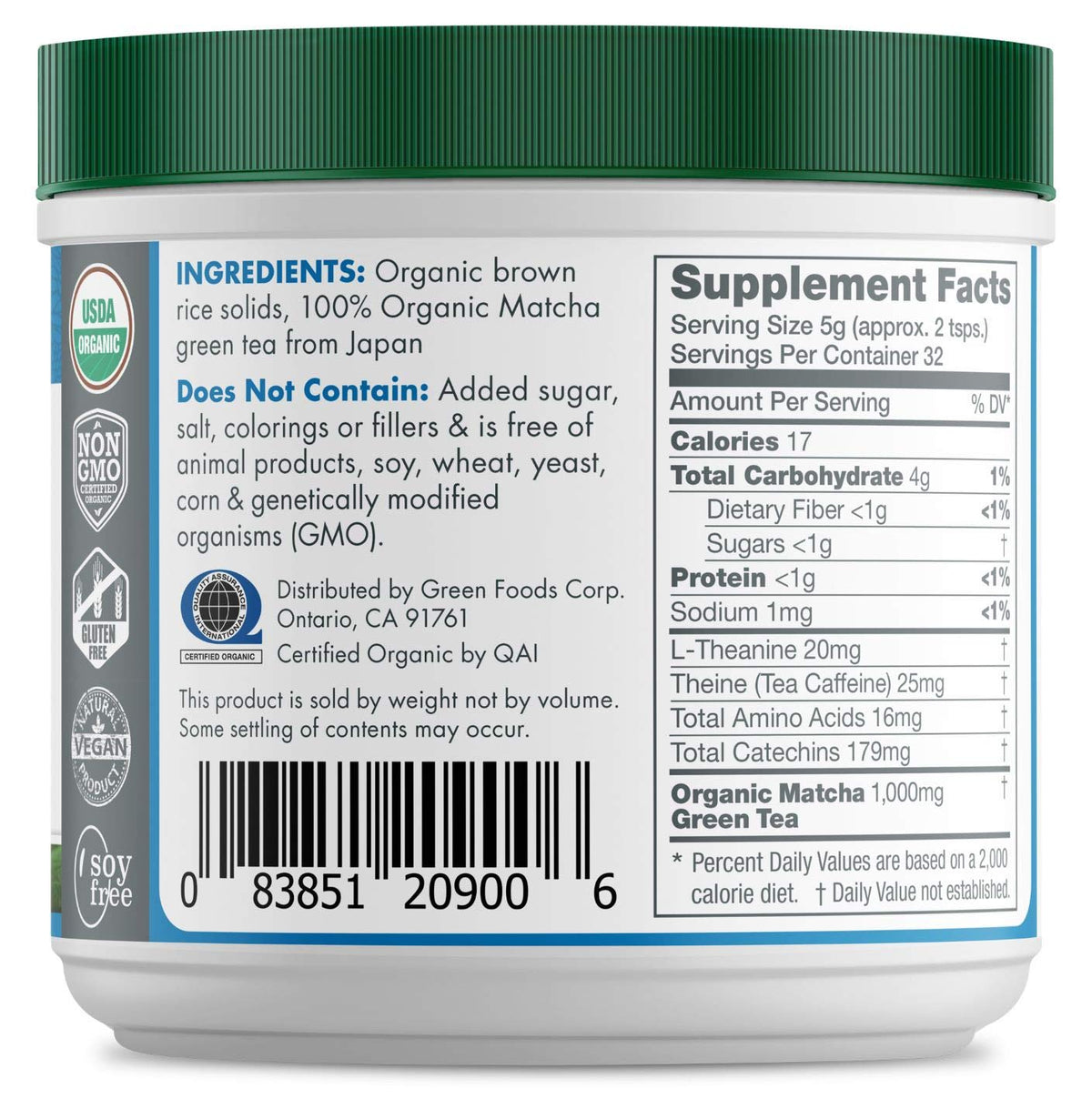 Green Foods organic matcha jar on shelf showing farm-direct freshness.