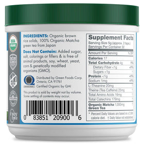 Green Foods organic matcha jar on shelf showing farm-direct freshness.