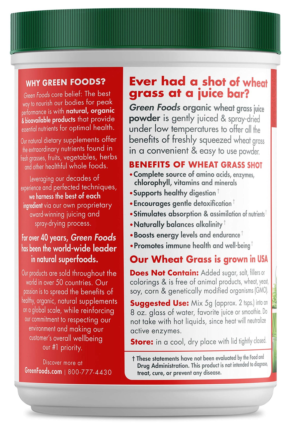 Green Foods Organic Wheat Grass Shots label emphasizes organic status.