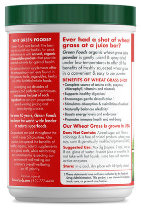 Green Foods Organic Wheat Grass Shots label emphasizes organic status.