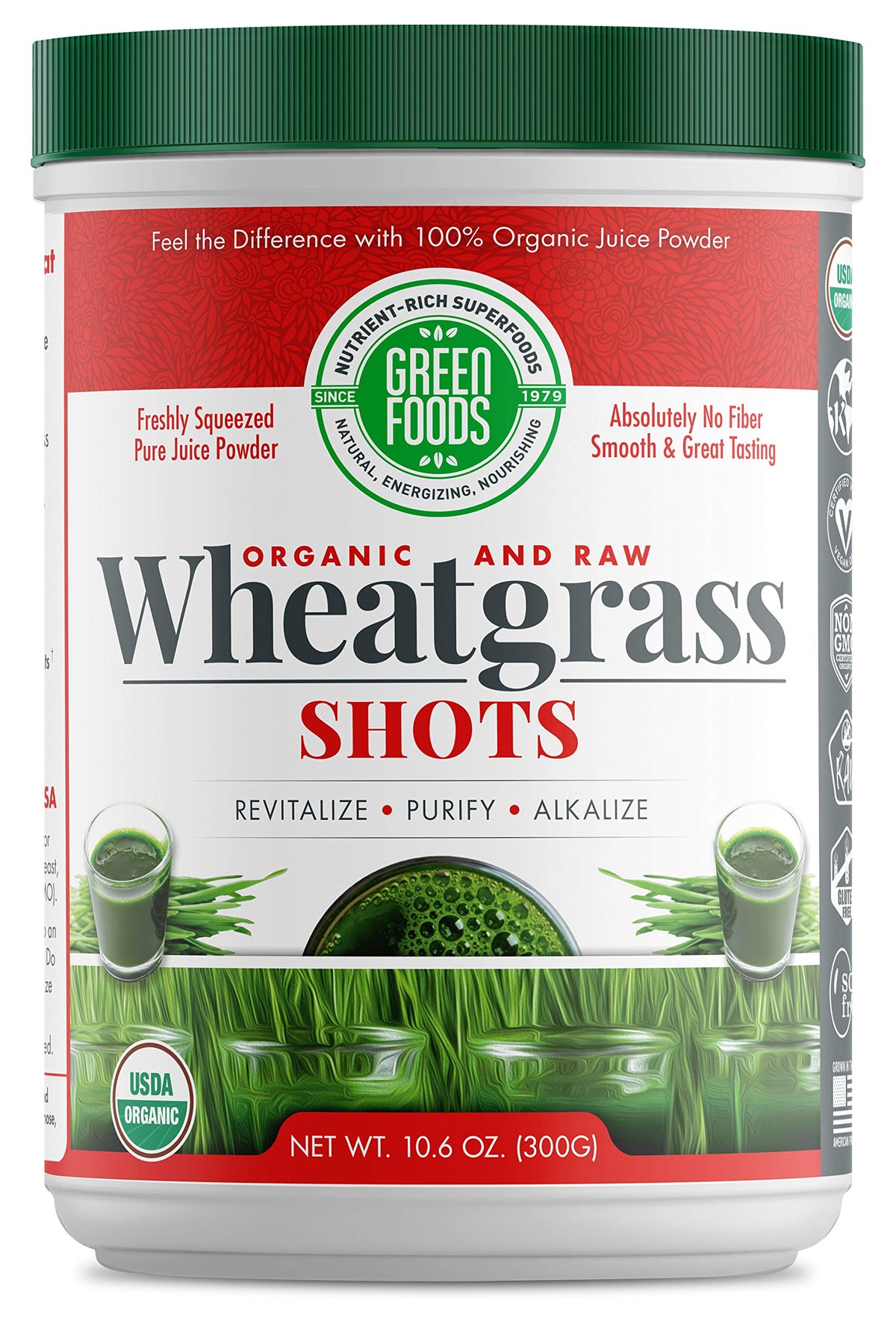 Green Foods Wheat Grass Shots pour showing vibrant chlorophyll-rich color.