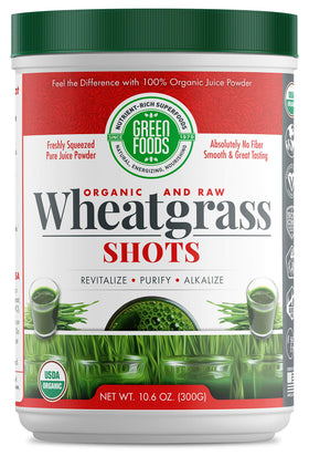 Green Foods Wheat Grass Shots pour showing vibrant chlorophyll-rich color.