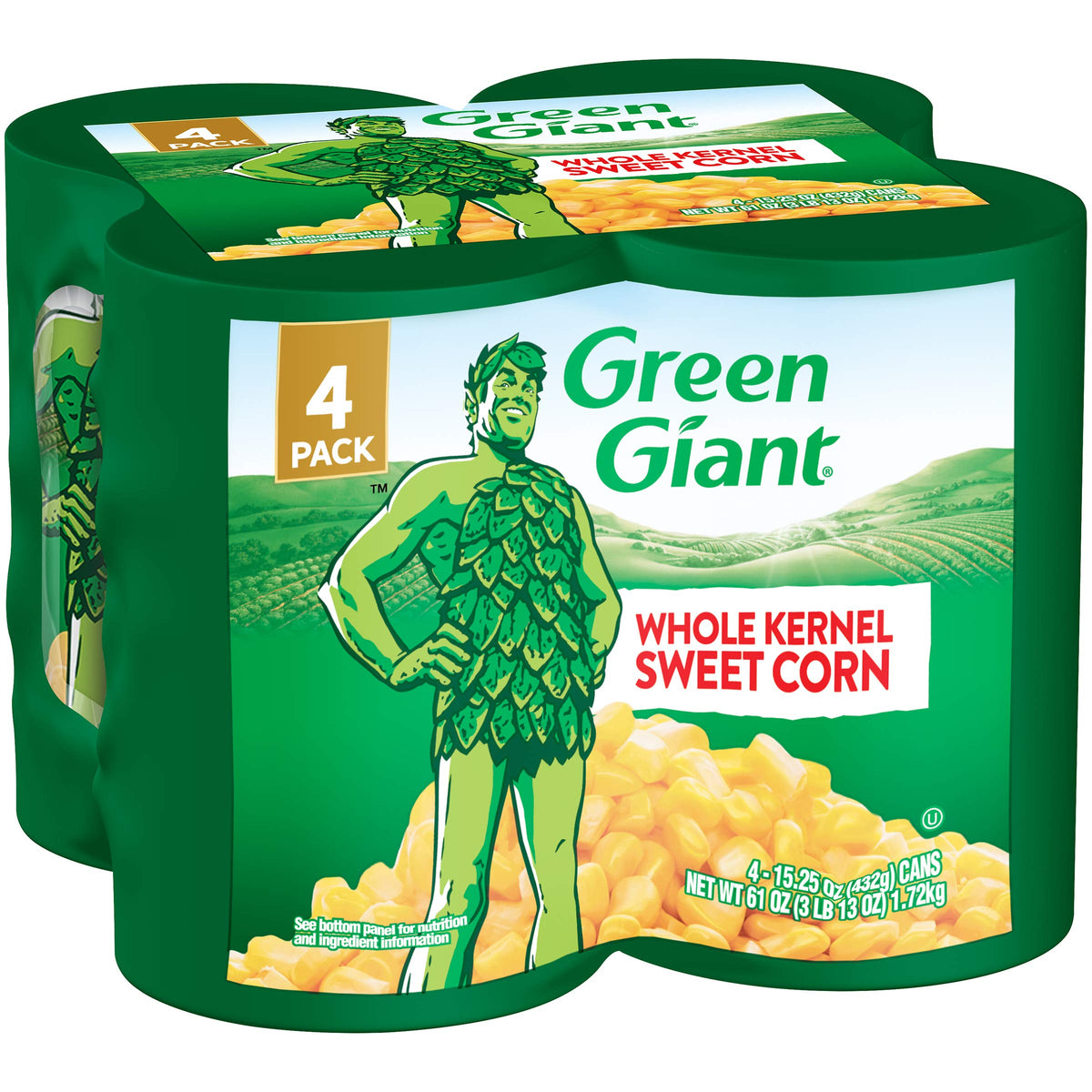 Green Giant corn can front view; convenient 4-pack for quick, versatile meals.