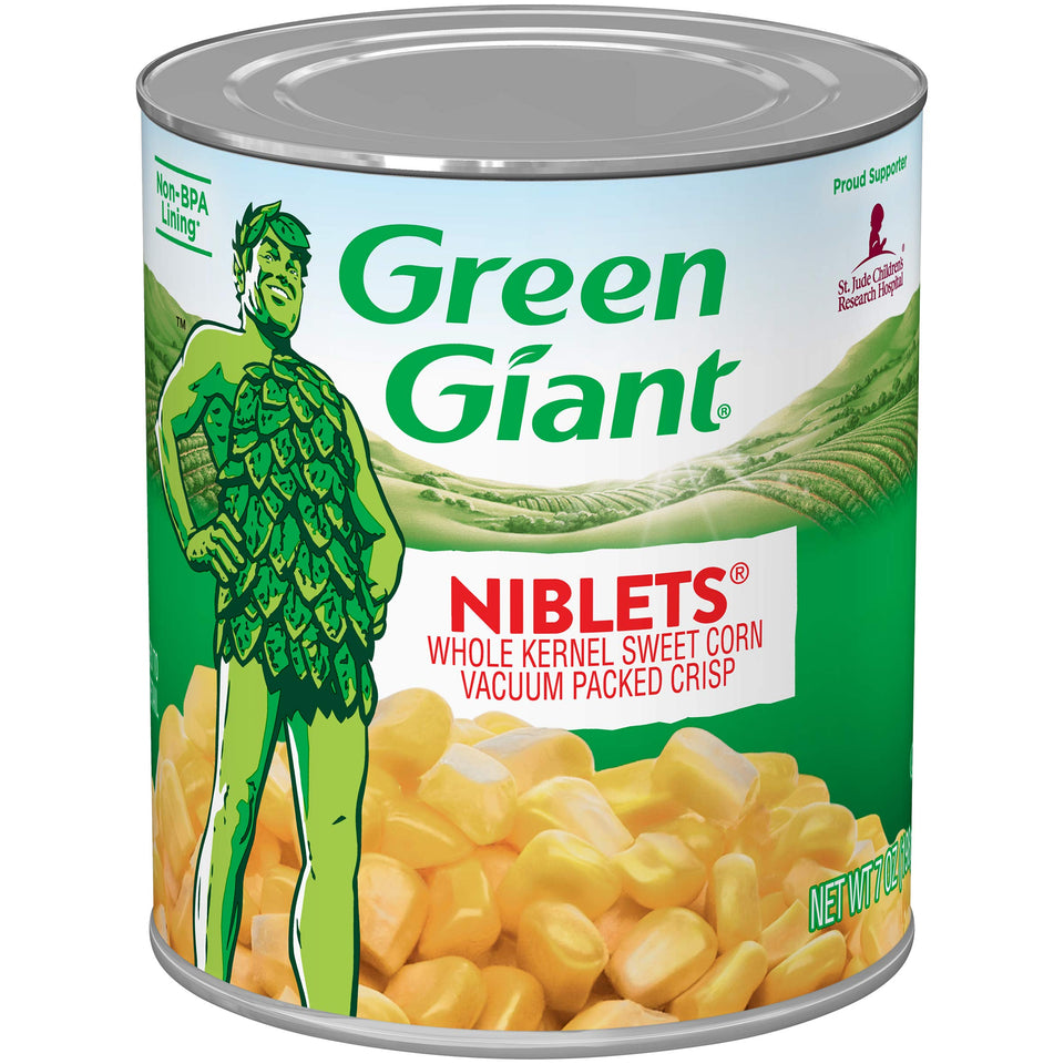 Green Giant corn niblets can with golden kernels, ideal for salads and pasta