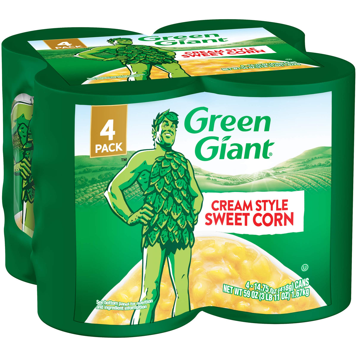 Green Giant Cream Style Sweet Corn 4-pack can, a flavorful ready-to-serve side dish.