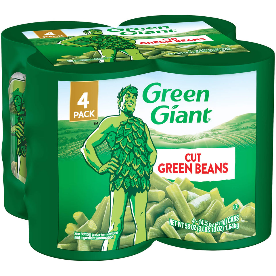 Green Giant cut green beans in a 14.5 oz can, convenient four-pack for quick meals.
