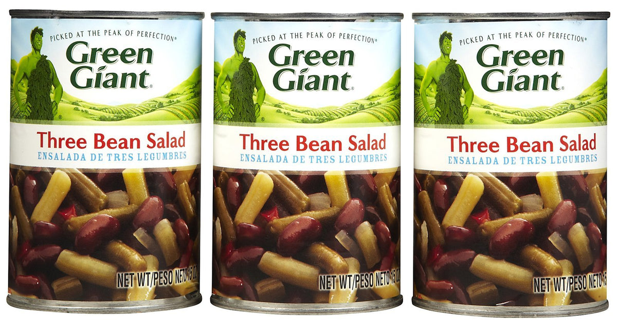 Green Giant Three Bean Salad 3-pack packshot, convenient ready-to-eat lunch or side.