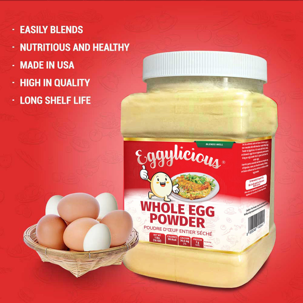 Pantry storage of Green Heights Eggylicious powder in a labeled tub