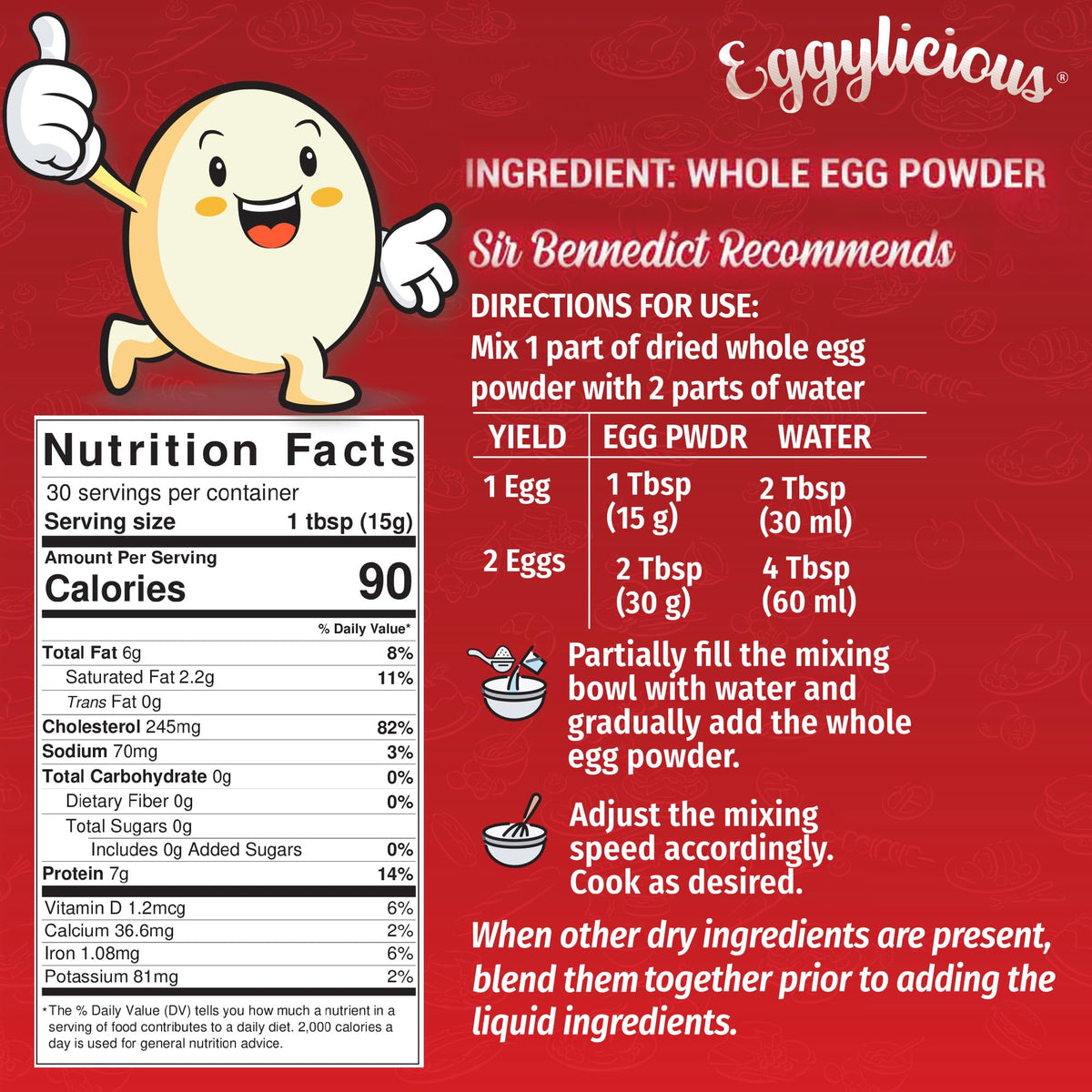 Texture closeup shows smooth Eggylicious powder for quick mixing