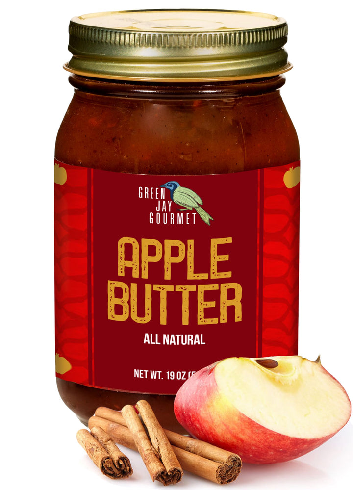 Green Jay Gourmet Apple Butter jar closeup, highlighting natural ingredients for rich flavor.