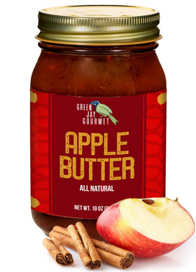 Green Jay Gourmet Apple Butter jar closeup, highlighting natural ingredients for rich flavor.