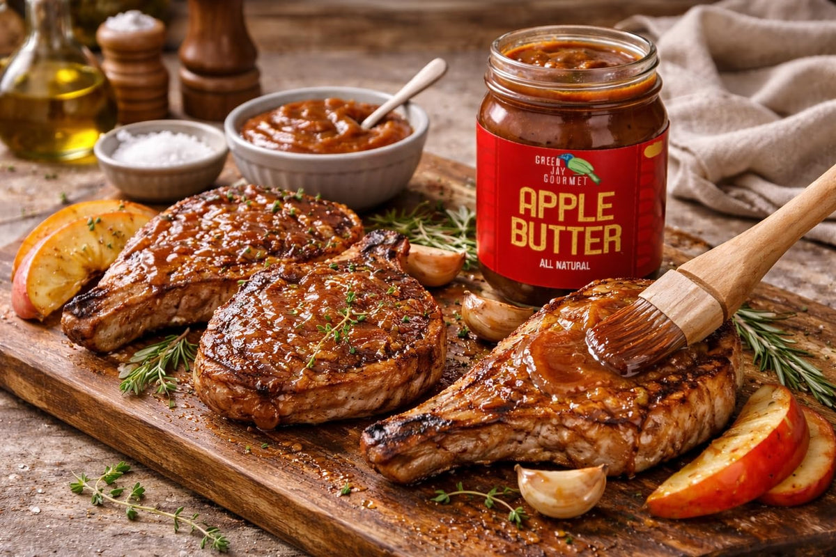 Green Jay Gourmet Apple Pecan Butter ingredients panel, premium USA-made spread.