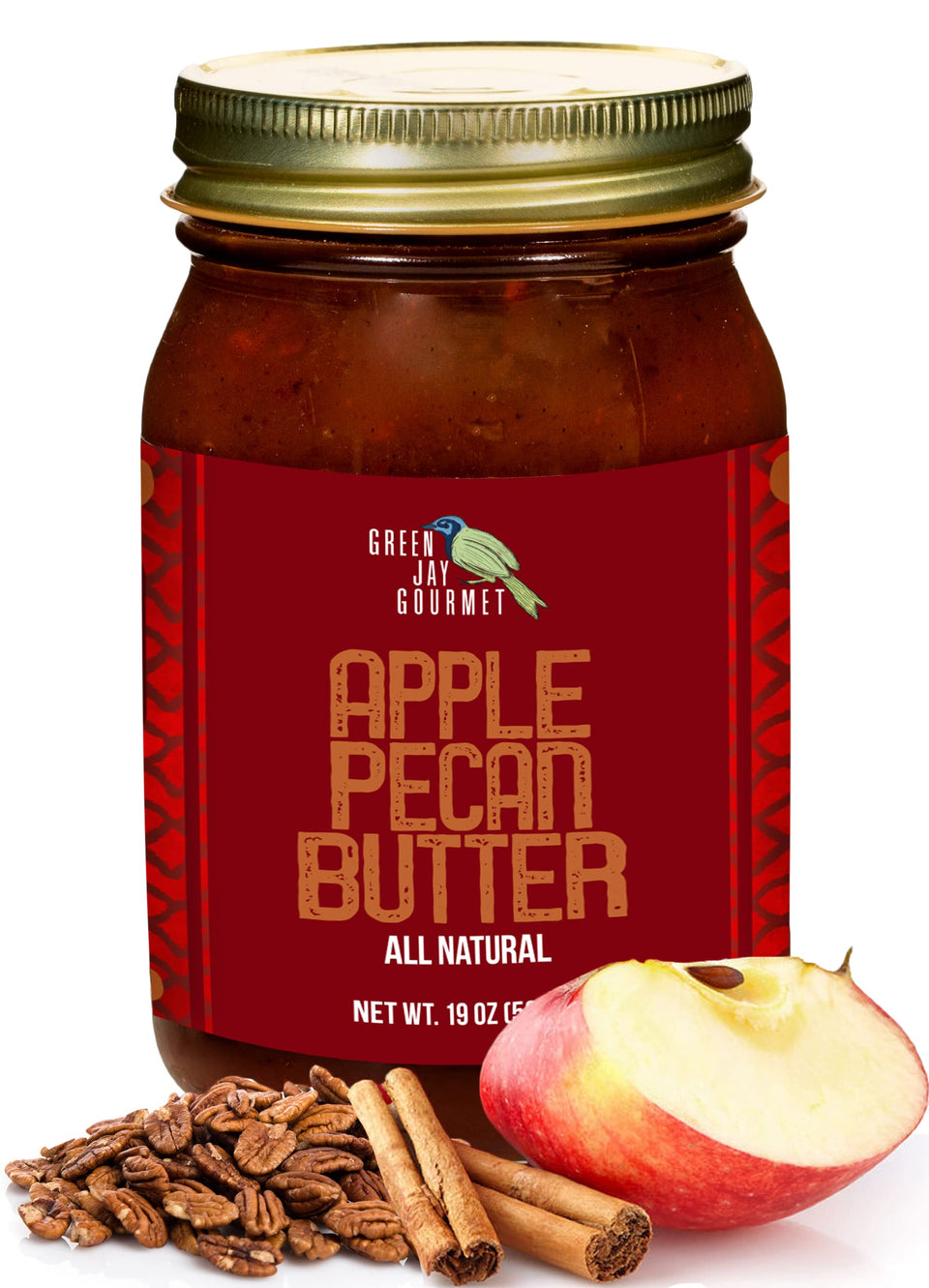 Green Jay Gourmet Apple Pecan Butter jar, all-natural fruit spread for everyday snacks.