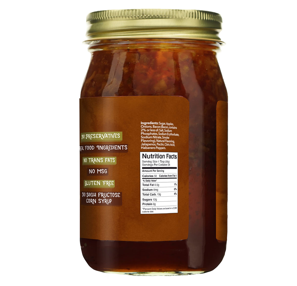 Closeup of Green Jay Gourmet Bacon Jam bottle highlighting glossy texture and spicy kick.