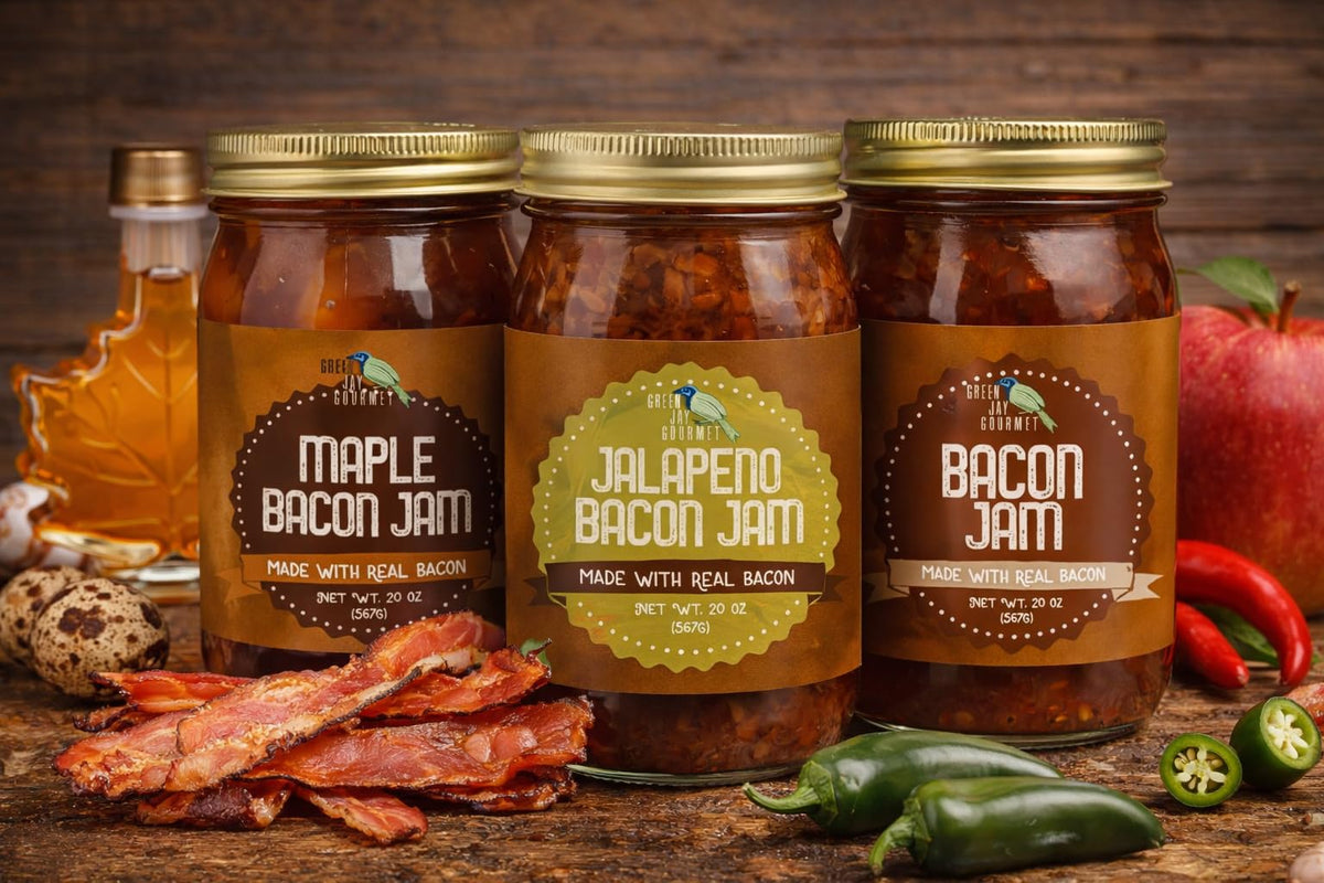 Green Jay Gourmet Bacon Jam on pancakes creates a sweet-savory breakfast twist.